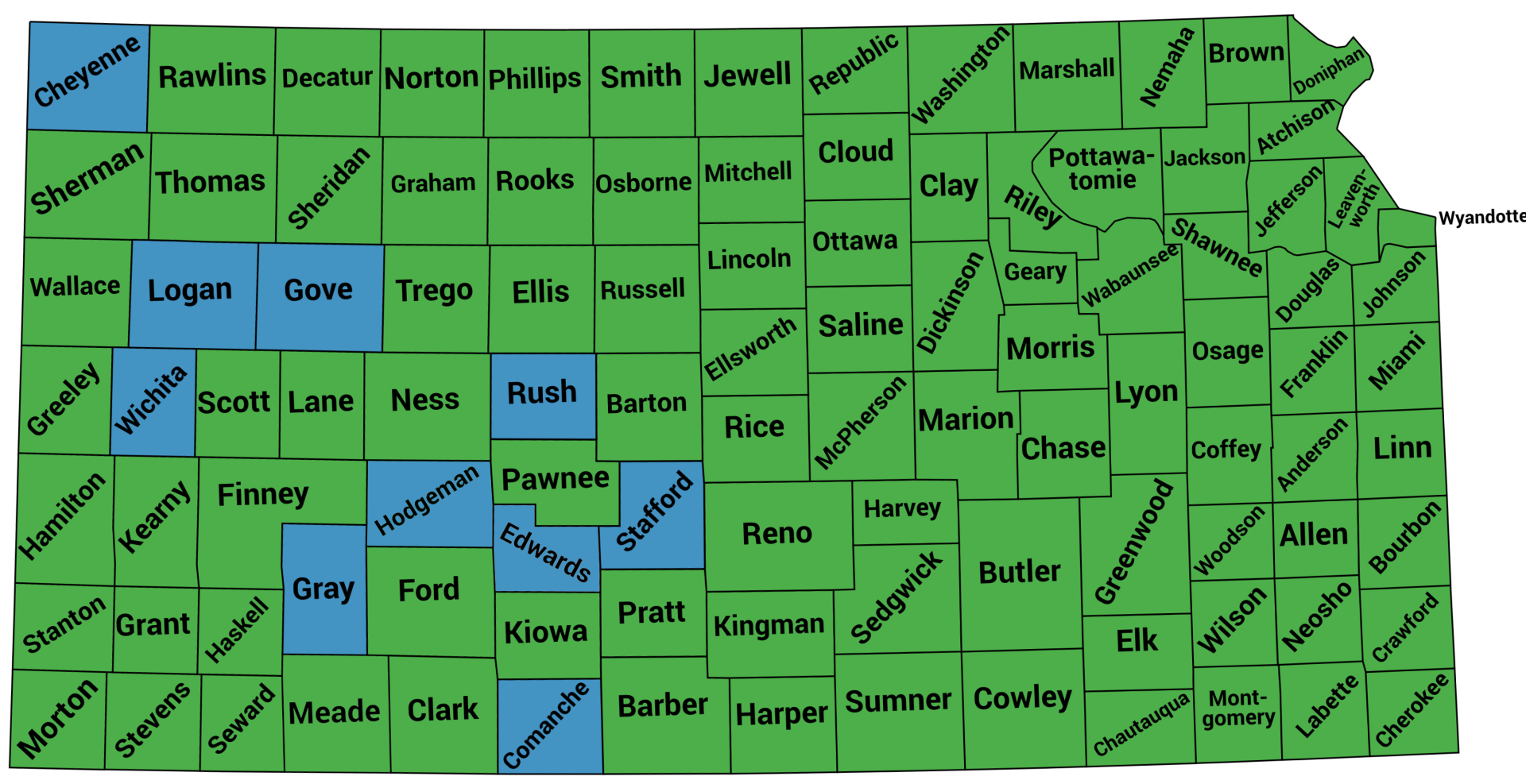 Map of VINE Implementation by County, with the majority of the map colored green and 10 counties colored blue