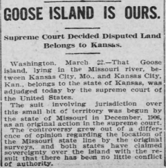 News clipping of Kansas victory over Missouri to claim rights to Goose Island.