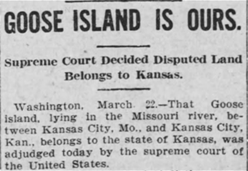 Newspaper clipping proclaiming the Supreme Court's decision to keep Goose Island in Kansas.